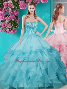 Perfect Puffy Skirt Beaded and Ruffled Quinceanera Dress in Aqua Blue