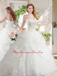 White Ball Gown Sweetheart Organza Court Train Beaded and Bubbles Quinceanera Dress