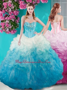 Beautiful Beaded Bust White and Blue Sweet 15 Quinceanera Dress in Organza