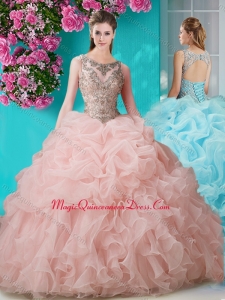 Brush Train Scoop Peach Sweet 15 Quinceanera Dress with Beading and Ruffles