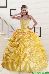 Yellow Beading Strapless 2015 Quinceanera Dresses with Sweep Train