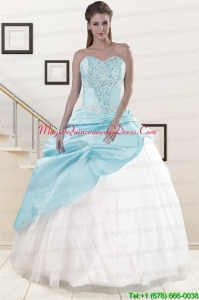 2015 Pretty Blue and White Quinceanera Dresses with Beading and Pick Ups