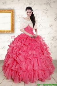 Beading and Ruffles 2015 Hot Pink Quinceanera Dresses with Strapless