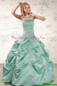 Cheap Turquoise Quinceanera Dresses with Appliques and Pick Ups