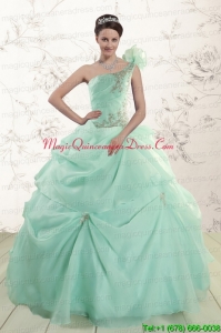 2015 Apple Green One Shoulder Cheap Quinceanera Dresses with Appliques