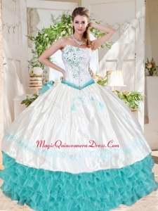 Exclusive Ruffled and Beaded Asymmetrical Quinceanera Dresses with White and Aque Blue