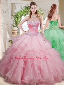Wonderful Beaded and Ruffled Layer Big Puffy Sweet 16 Dress in Baby Pink