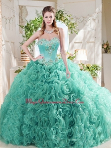 Luxurious Rolling Flower Big Puffy Mint Quinceanera Gown with Beading