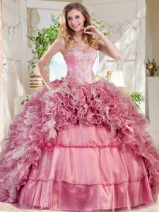 New Style Puffy Skirt Pink Sweet 16 Dress with Beading and Ruffles