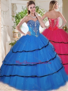 Wonderful Beaded and Ruffled Layers Blue Quinceanera Gown in Organza