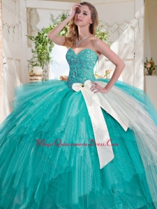 Wonderful Turquoise Big Puffy Quinceanera Dress with Beading and White Bowknot