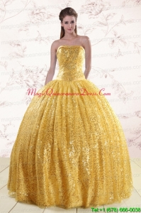 Romantic Gold Sequined Quinceanera Dress with Strapless