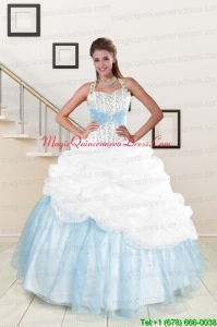 2015 White and Blue Ball Gown Quinceanera Dress with Halter