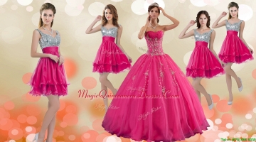 Luxurious Hot Pink Big Puffy Quinceanera Dress and Modest Sequined Straps Dama Dresses