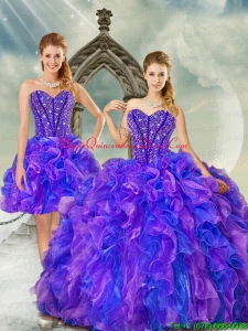 Luxurious and Detachable Beading and Ruffles Quince Dresses in Purple and Blue for 2015