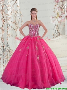 2015 Detachable and Fashionable Sweetheart Hot Pink Sequins and Appliques Quinceanera Dresses