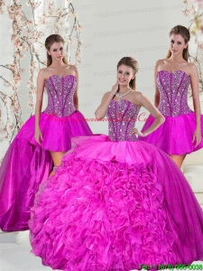 2015 Spring Detachable and Custom Made Hot Pink Sweet 16 Dresses with Beading and Ruffles
