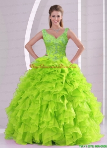 Custom Made Beading and Ruffles Quince Dresses in Green