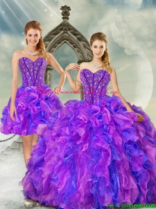 Detachable and Custom Made Blue and Lavender Dresses for Quince with Beading and Ruffles