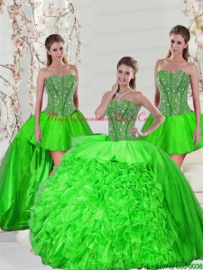 Detachable and Hot Sale Beading and Ruffles Quince Dresses in Spring Green for 2015