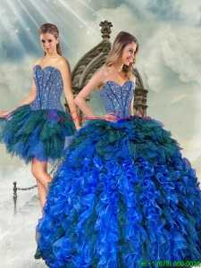 2015 Detachable and Puffy Beading and Ruffles Quince Dresses in Royal Blue and Teal