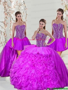 2015 Detachable and Romantic Beading and Ruffles Fuchsia Sweet 16 Dresses