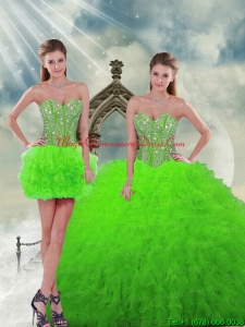 Detachable and Romantic Beading and Ruffles Spring Green Dresses For Quinceanera
