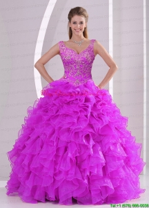 Fashionable and Puffy Fuchsia Quince Dresses with Beading and Ruffles
