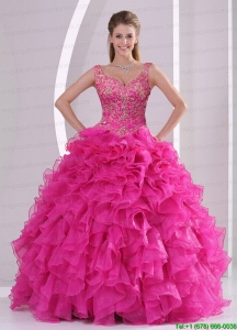 Hot Sale and New Style Hot Pink Quince Dresses with Beading and Ruffles for 2015
