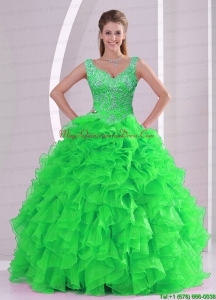 Romantic Beading and Ruffles Spring Green Quinceanera Dresses