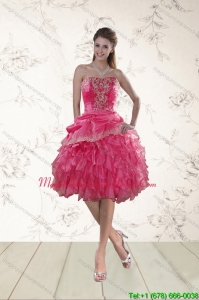 2015 Fashionable Coral Red Strapless Dama Dresses with Appliques and Ruffles