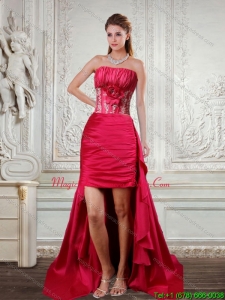 2015 High Low Strapless Coral Red Dama Dresses with Hand Made Flower