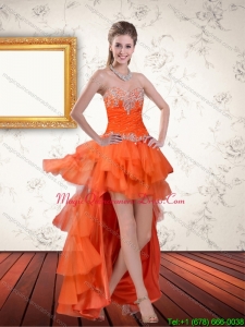 2015 High Low Sweetheart Orange Dama Dresses with Ruffles and Appliques