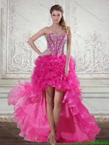 2015 Hot Pink High Low Sweetheart Dama Dresses with Beading and Ruffles