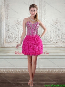 2015 New Arrival Sweetheart Hot Pink Dama Dresses with Beading and Ruffles
