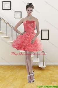 Cute Watermelon Strapless 2015 Dama Dresses with Beading