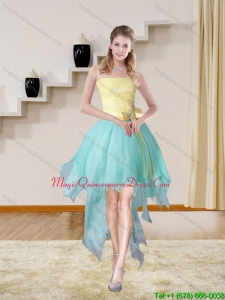 New Arrival Multi Color Strapless High Low 2015 Dama Dresses with Bowknot
