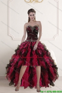 Remarkable 2015 High Low Sweetheart Multi Color Dama Dresses with Ruffles and Beading