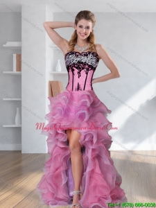 2015 Affordable Zebra Printed Strapless High Low Rose Pink Dama Dresses with Embroidery