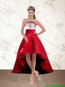 Discount White And Wine Red High Low Strapless Dama Dresses with Embroidery