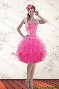 Fashionable Hot Pink 2015 Straps Dama Dresses with Beading and Ruffles