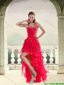New Arrival Coral Red High Low Strapless Dama Dresses with Ruffles and Beading