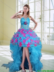 2015 Affordable High Low Strapless Dama Dresses with Hand Made Flower
