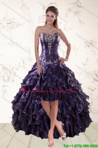 2015 Affordable Purple High Low Dama Dresses for Spring