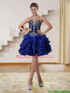 2015 Discount Navy Blue Sweetheart Short Dama Dresses with Appliques and Ruffles