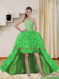 2015 Discount Spring Green High Low Dama Dresses with Beading
