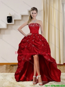 2015 Discount Strapless Red Dama Dresses with Embroidery and Pick Ups