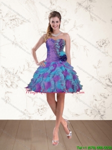 Affordable 2015 Spring Sweetheart Beading Multi Color Dama Dresses with Hand Made Flower