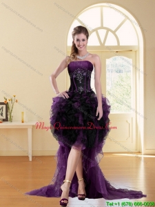 Affordable Multi Color High Low Strapless Beading Ruffled Short Dama Dresses for 2015