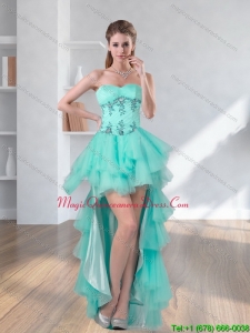Discount High Low Turquoise Sweetheart Dama Dresses with Appliques